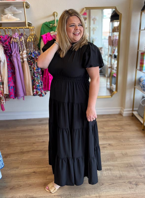 "Meet Me at Midnight" Plus-Size Black Tiered Maxi Dress