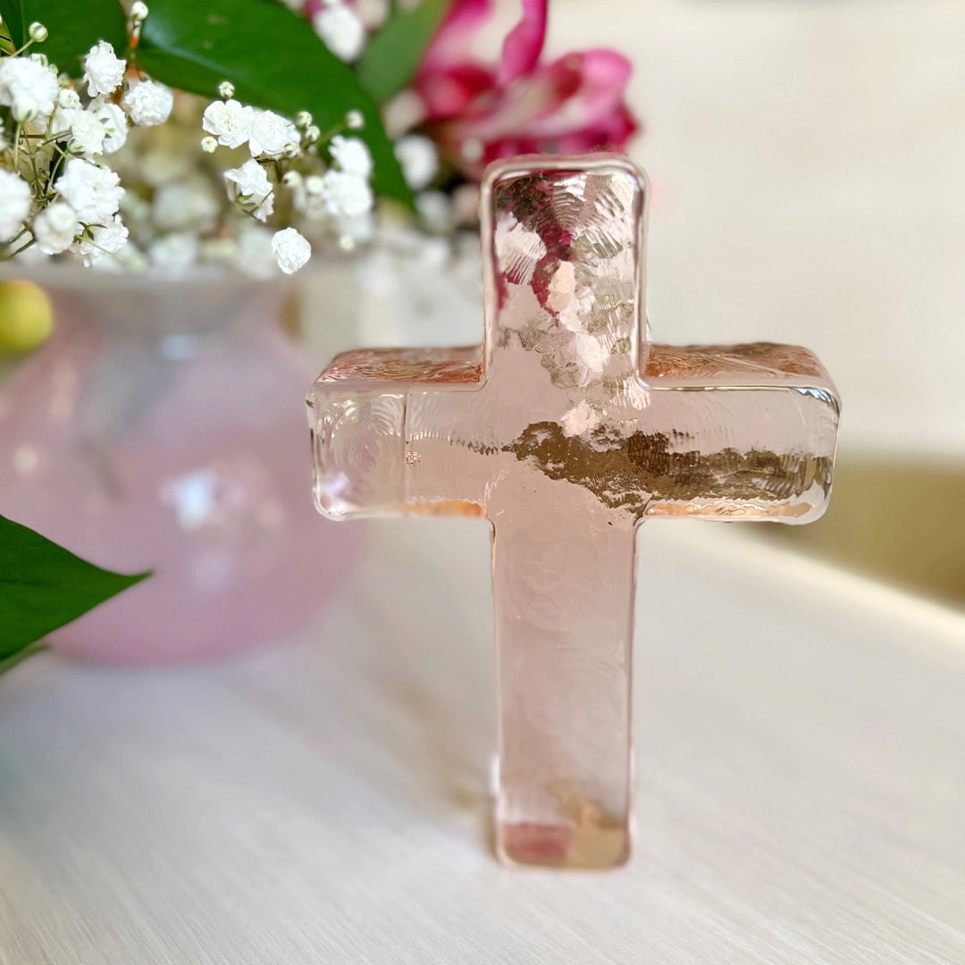 "Love and Be Loved" Pink Glass Cross in Gift Box