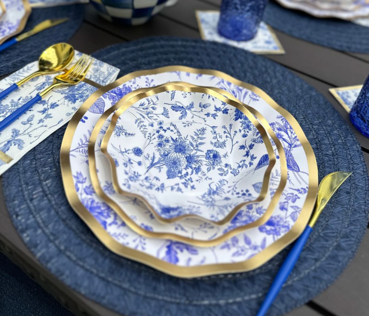 Blue Floral Wavy Paper Salad Plate