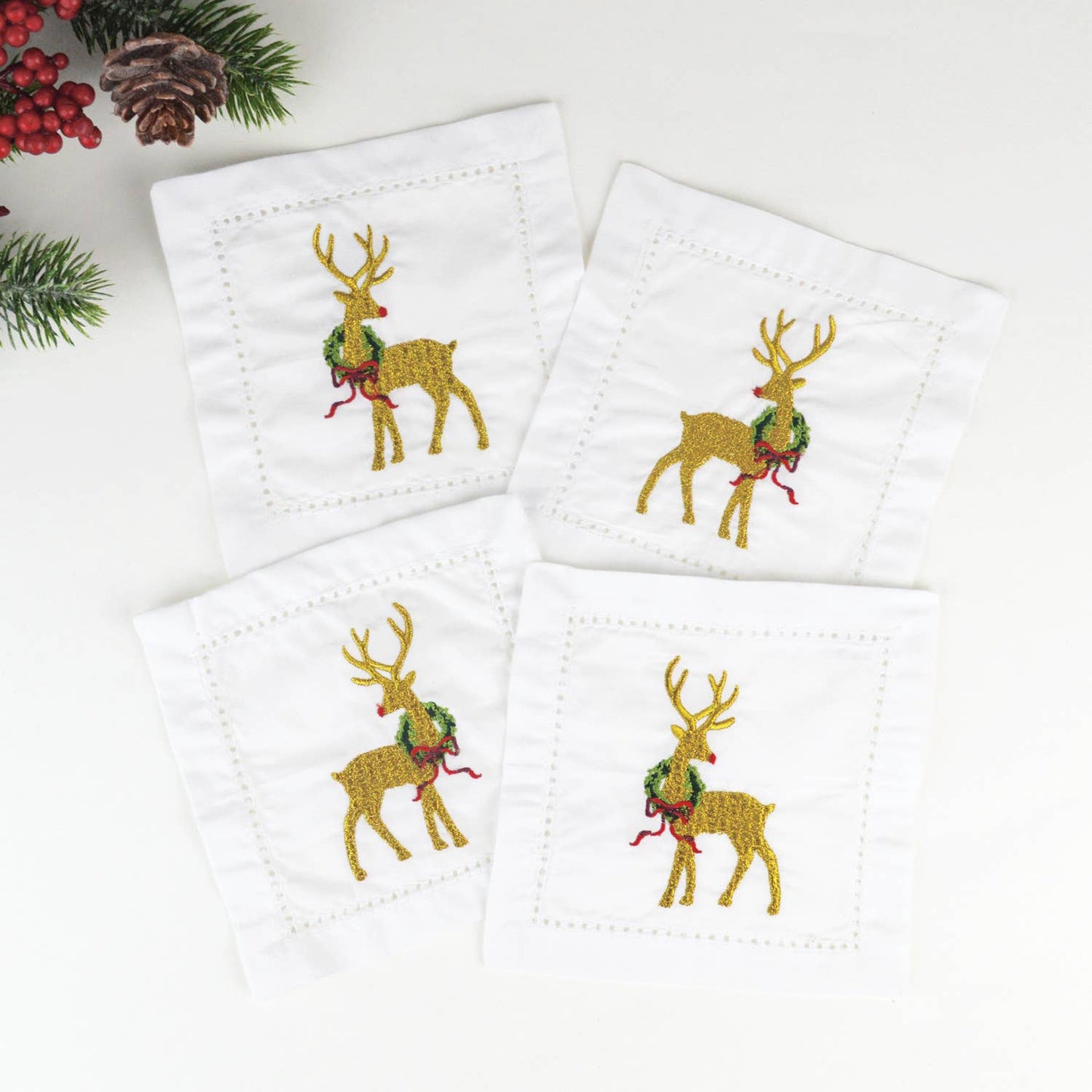 4 Piece Set Reindeer Embroidered Cocktail Napkins